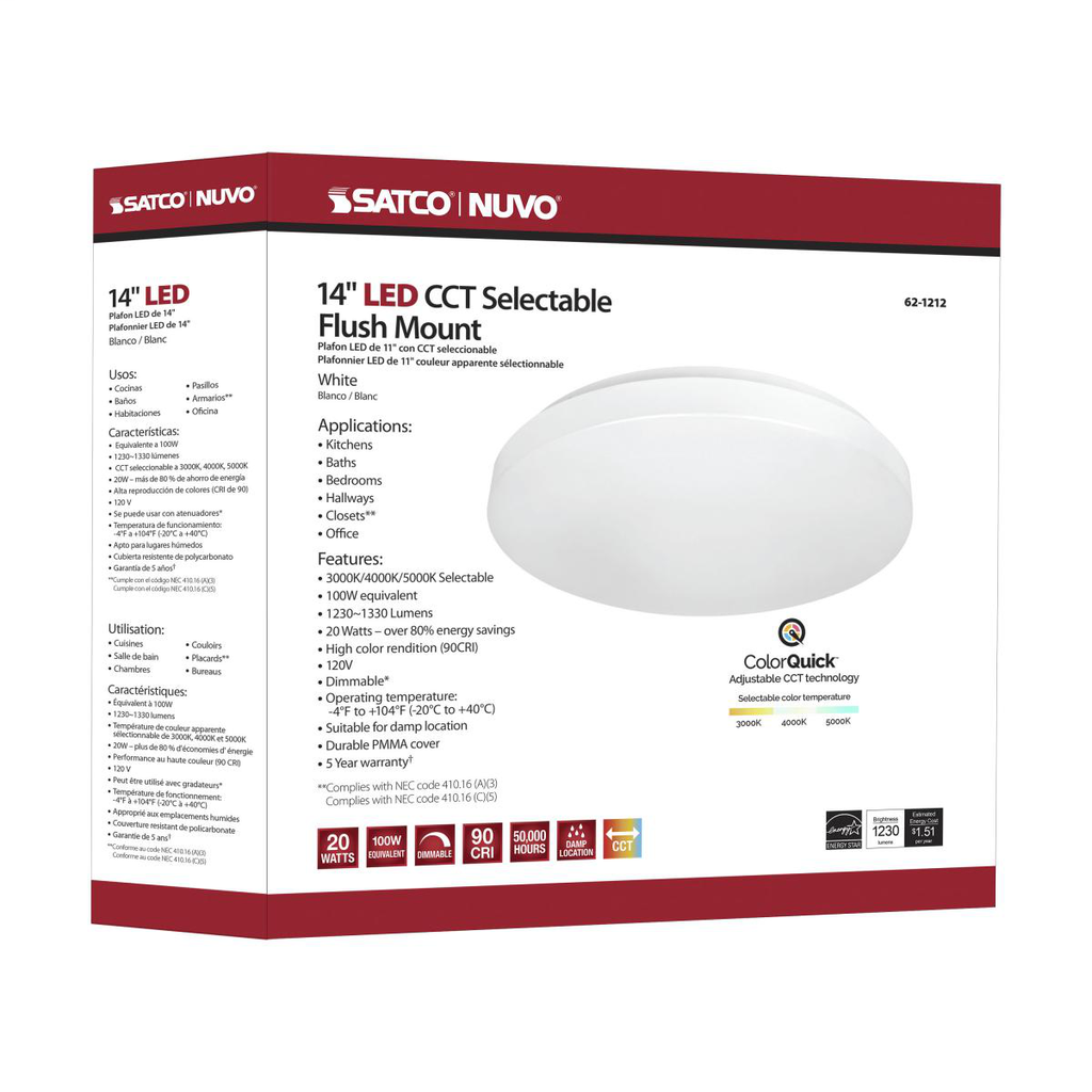 14 inch, Acrylic Round, Flush Mounted, LED Light Fixture, CCT Selectable, White Finish, 120V