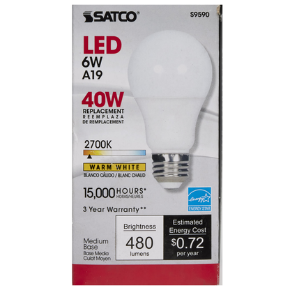 6 Watt; A19 LED; Frosted; 2700K Medium base; 220 deg. Beam Angle; 120 Volt; Non-Dimmable