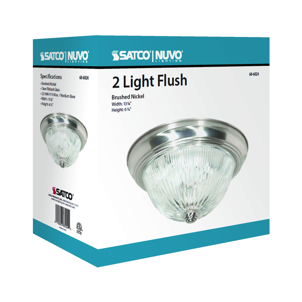 2 Light - 13" - Flush Mount - Clear Ribbed Glass, Color retail packaging