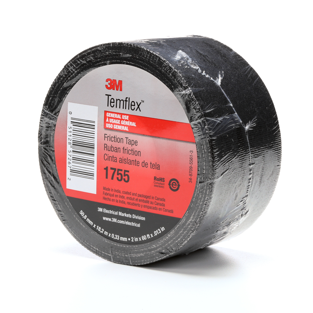 3M Temflex Cotton Friction Tape 1755, 2 in x 60 ft, Black, 30 rolls/Case