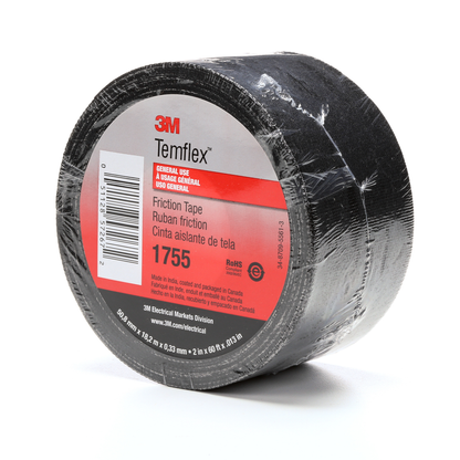 3M Temflex Cotton Friction Tape 1755, 2 in x 60 ft, Black, 30 rolls/Case