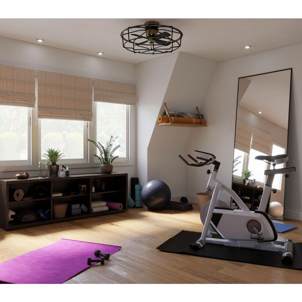 33" Four-blade Black ceiling fan with open-cage design.