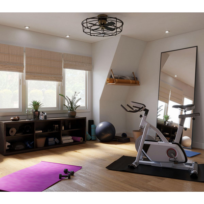 33" Four-blade Black ceiling fan with open-cage design.