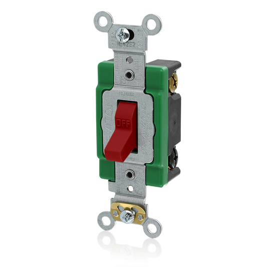 30 Amp, 120/277 Volt, Toggle Double-Pole AC Quiet Switch, Industrial Grade, Self Grounding, Back & Side Wired - RED