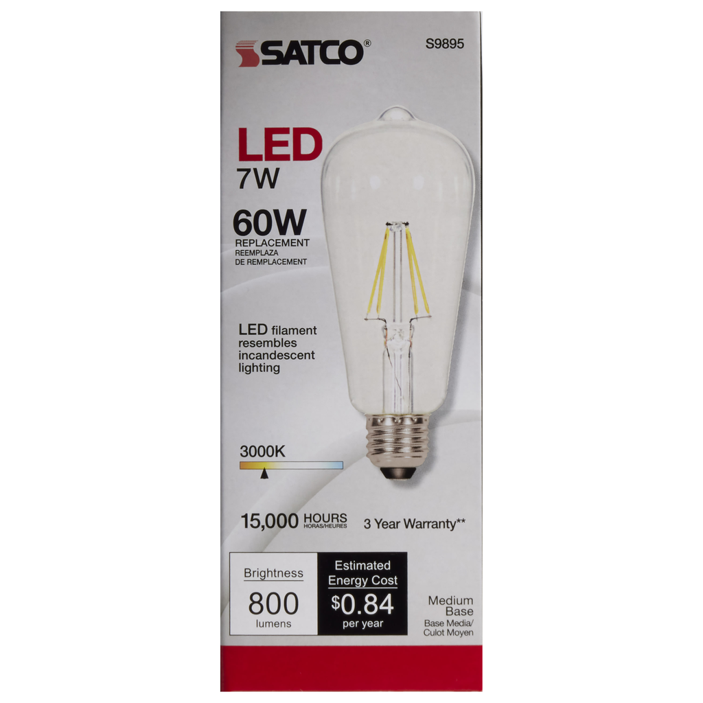 7 Watt ST19 LED; Clear; Medium base; 3000K; 800 Lumens; 120 Volt
