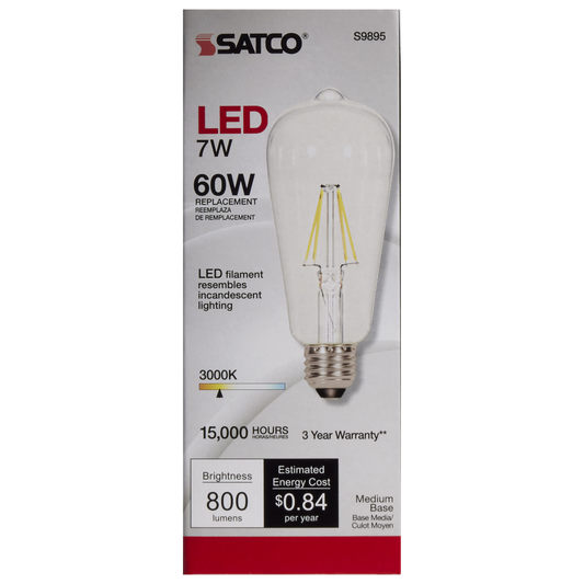 7 Watt ST19 LED; Clear; Medium base; 3000K; 800 Lumens; 120 Volt