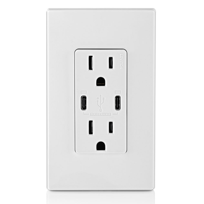 30W (6A) USB Dual Type-C/C Power Delivery Wall Outlet Charger with 15A Tamper-Res Outlet
