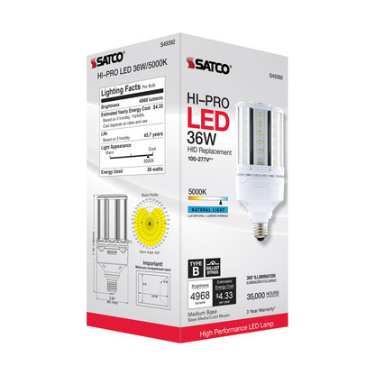 36 Watt LED HID Replacement; 80 CRI; 5000K; Type B; Ballast Bypass; Medium base; Economy Hi-Pro
