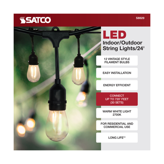 24FT; LED String Light; Includes 12-Light Filament LED bulbs; With Plug