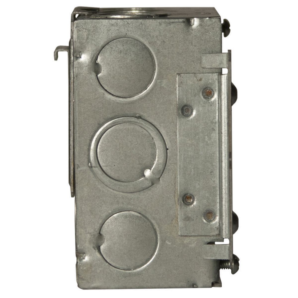 4 in. Square Box, Welded, 2-1/8 in. Deep, Ten 1/2 in. KO's and Six TKO's, Raised Ground, 8 in. #12 Solid Copper Pigtail, UBS, HM Bracket