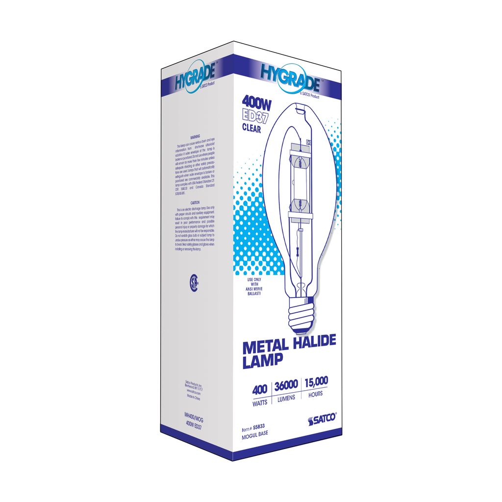 400 Watt; Metal Halide HID; Mogul base; ED37; Clear; 65 CRI; 4000K