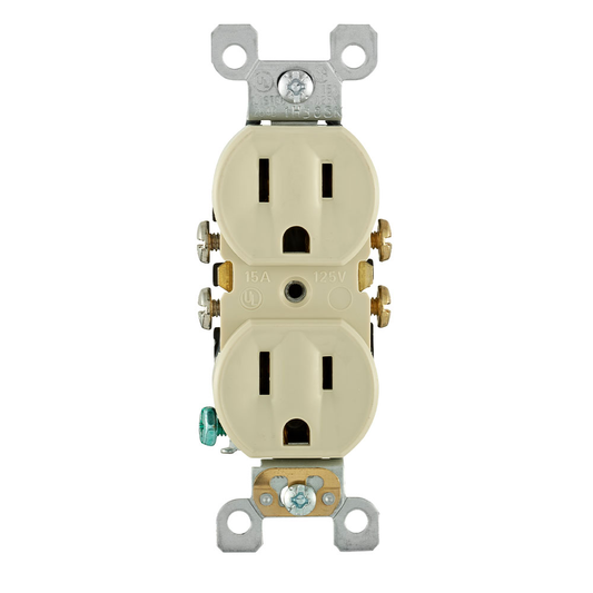 15 Amp Duplex Outlet/Receptacle, Self-Grounding, Ivory