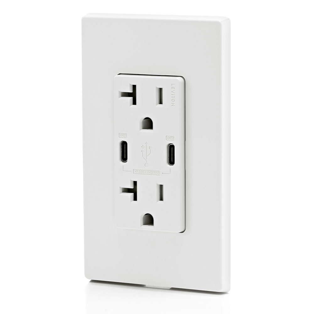 60W (6A) USB Dual Type-C/C Power Delivery Wall Outlet Charger with 20A Tamper-Resistant Outlet