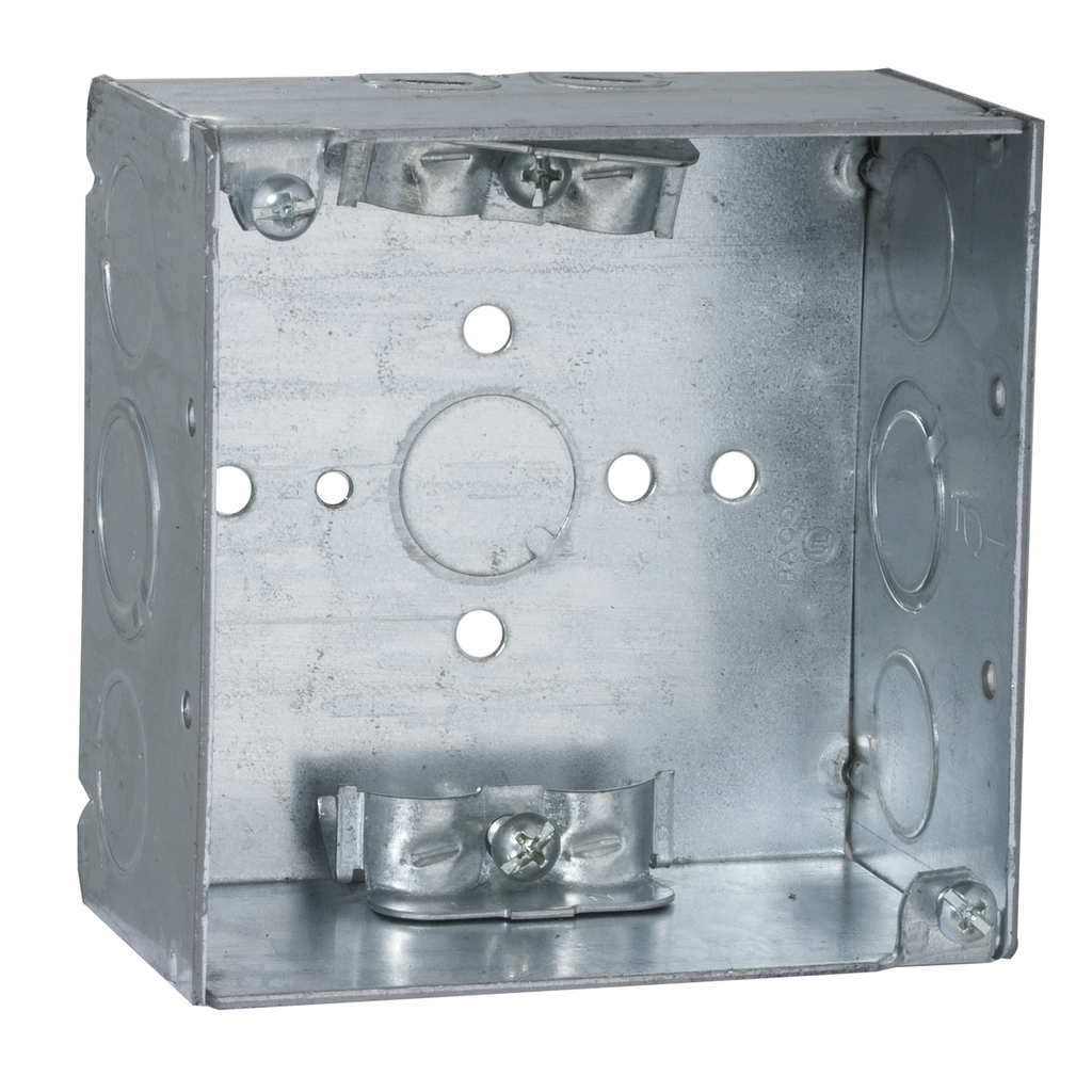 4 in. Square Box, Welded, 2-1/8 in. Deep with NMSC Clamps, Five 1/2 in. KO's and Two TKO