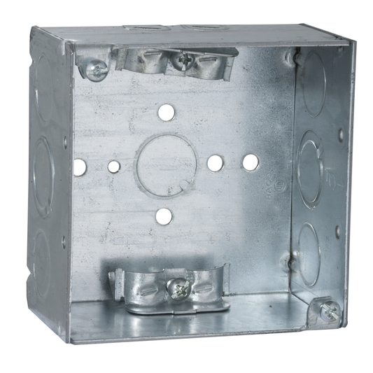 4 in. Square Box, Welded, 2-1/8 in. Deep with NMSC Clamps, Five 1/2 in. KO's and Two TKO