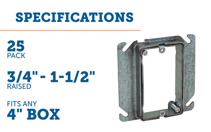 AMR1 - Four Sq. 1-Gang Adj. Depth Device Ring 3/Four to 1-1/2" Raised, 25 Pak