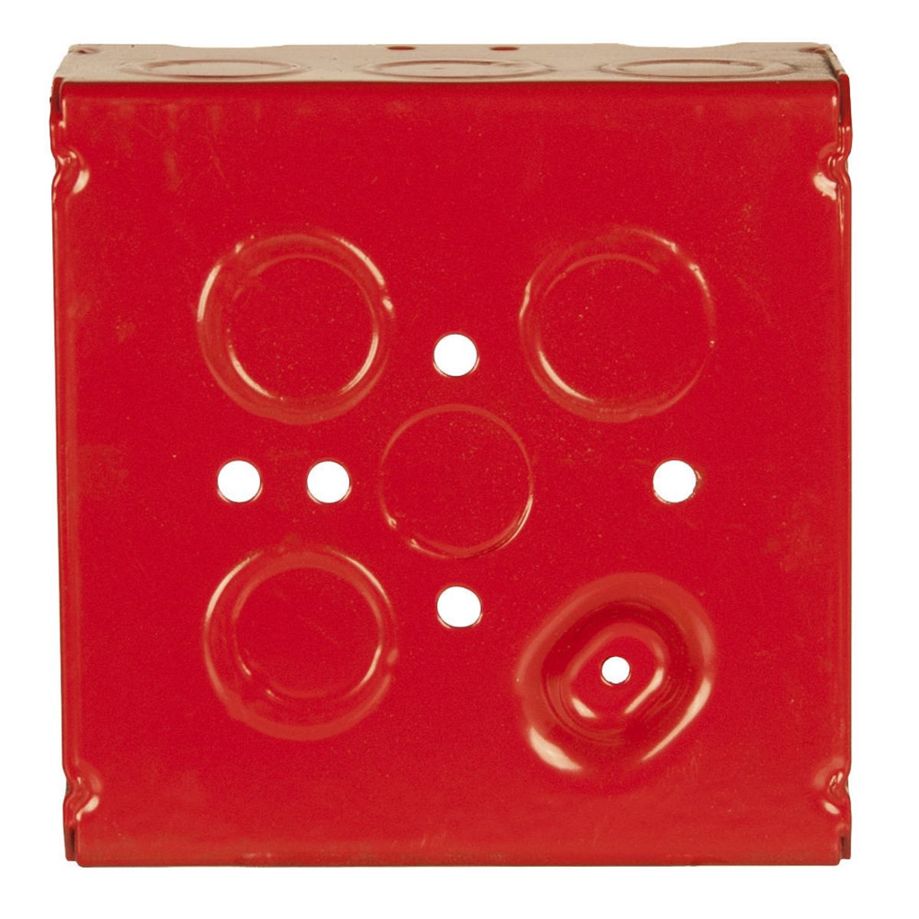 4-11/16 in. Life Safety Square Box, Welded, 2-1/8 in. Deep, One 1/2 in. KO & Fifteen TKO's, Red