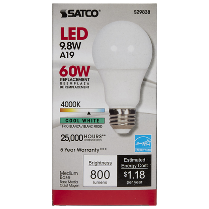 9.8 Watt; A19 LED; 4000K; Medium base; 220 deg. Beam Angle; 120 Volt