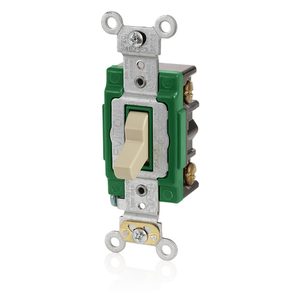 30 Amp, 120 Volt, Toggle Lighted Handle - Illuminated OFF Single-Pole AC Quiet Switch, Extra Heavy Duty Spec Grade, Self Grounding, Back & Side Wired, - Ivory