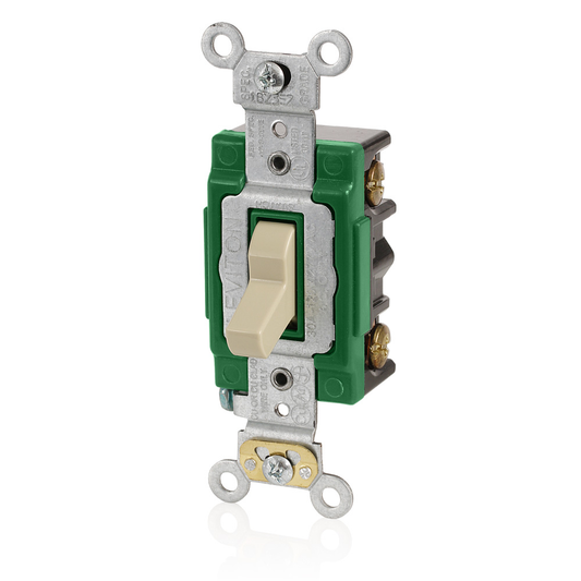 30 Amp, 120 Volt, Toggle Lighted Handle - Illuminated OFF Single-Pole AC Quiet Switch, Extra Heavy Duty Spec Grade, Self Grounding, Back & Side Wired, - Ivory