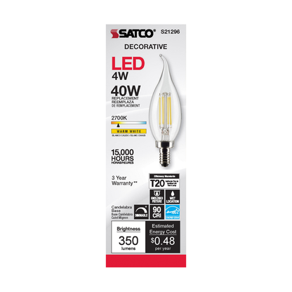 4 Watt CA10 LED; Clear; Candelabra base; 90 CRI; 2700K; 120 Volt