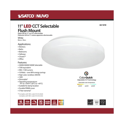 11 inch, Acrylic Round, Flush Mounted, LED Light Fixture, CCT Selectable, White Finish, 120V