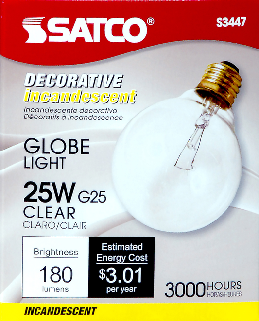 25 Watt G25 Incandescent; Clear; 3000 Average rated hours; 180 Lumens; Medium base; 120 Volt