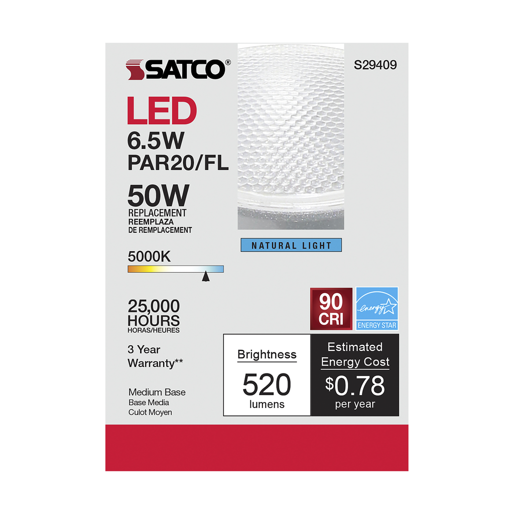 6.5 Watt; PAR20 LED; 5000K; 40 deg. Beam Angle; Medium base; 120 Volt