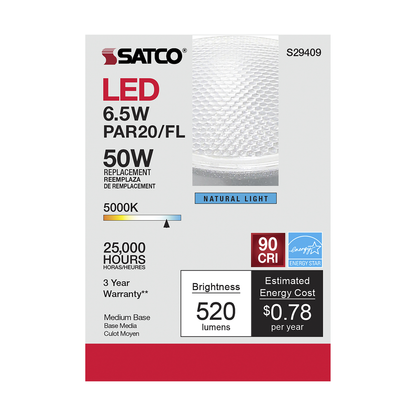 6.5 Watt; PAR20 LED; 5000K; 40 deg. Beam Angle; Medium base; 120 Volt