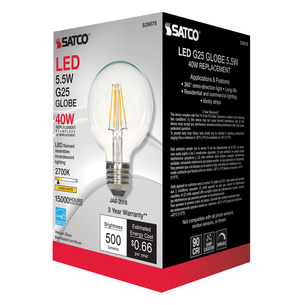 5.5 Watt G25 LED; Clear; Medium base; 2700K; 500 Lumens; 120 Volt