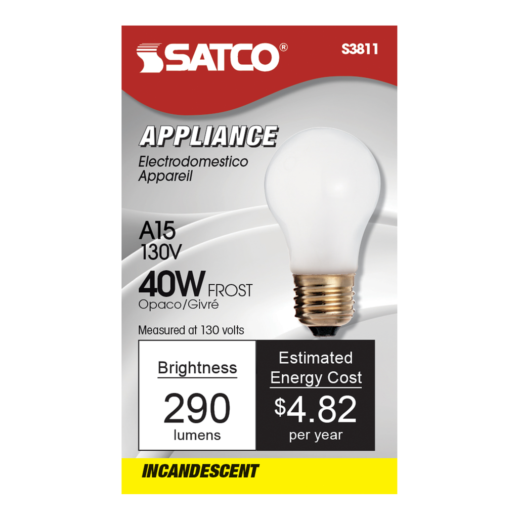 40 Watt A15 Incandescent; Frost; Appliance Lamp; 2500 Average rated hours; 290/217 Lumens; Medium base; 130/120 Volt
