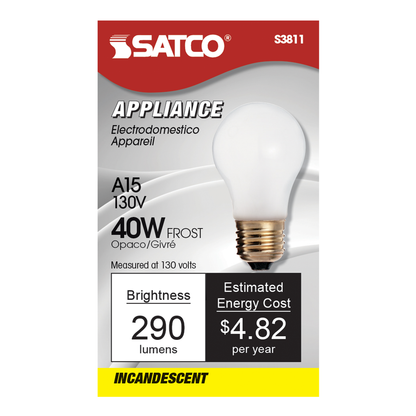 40 Watt A15 Incandescent; Frost; Appliance Lamp; 2500 Average rated hours; 290/217 Lumens; Medium base; 130/120 Volt