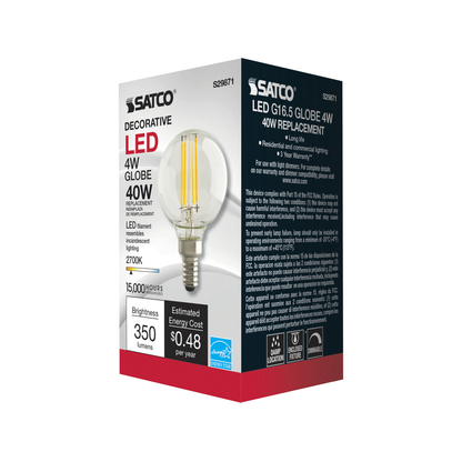 4 Watt G16 1/2 LED; Clear; Candelabra base; 2700K; 350 Lumens; 120 Volt