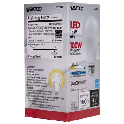 15 Watt; A19 LED; Frosted; 5000K; Medium base; 220 deg. Beam Angle; 120 Volt