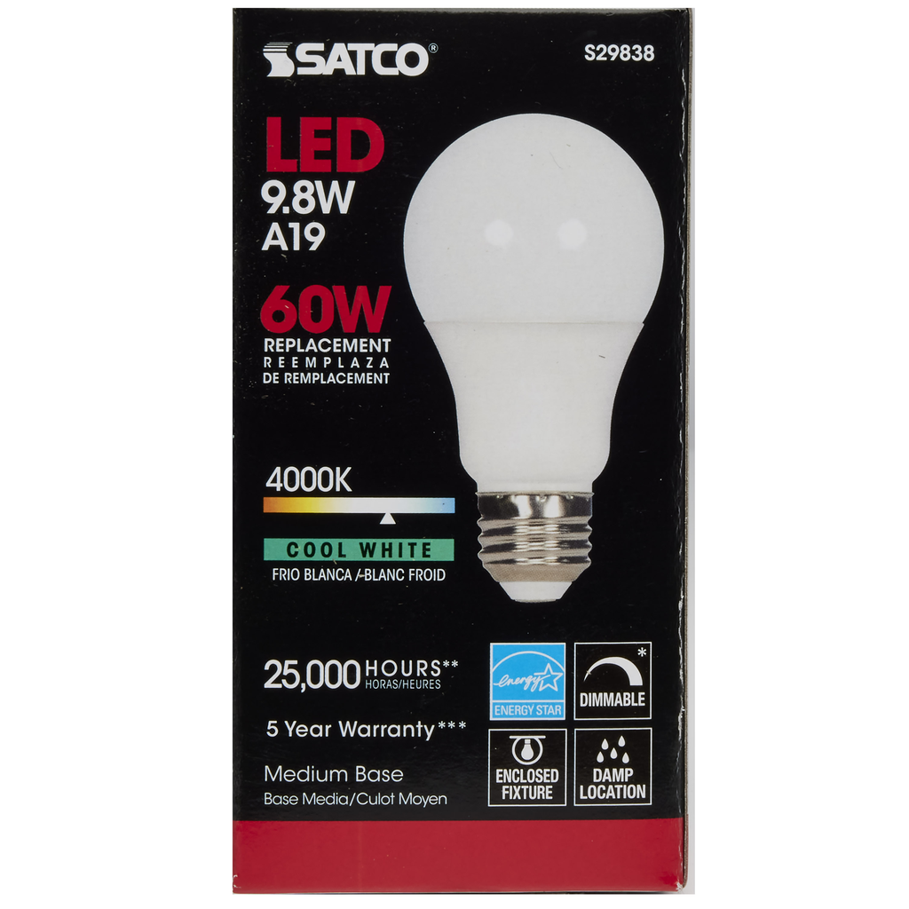 9.8 Watt; A19 LED; 4000K; Medium base; 220 deg. Beam Angle; 120 Volt