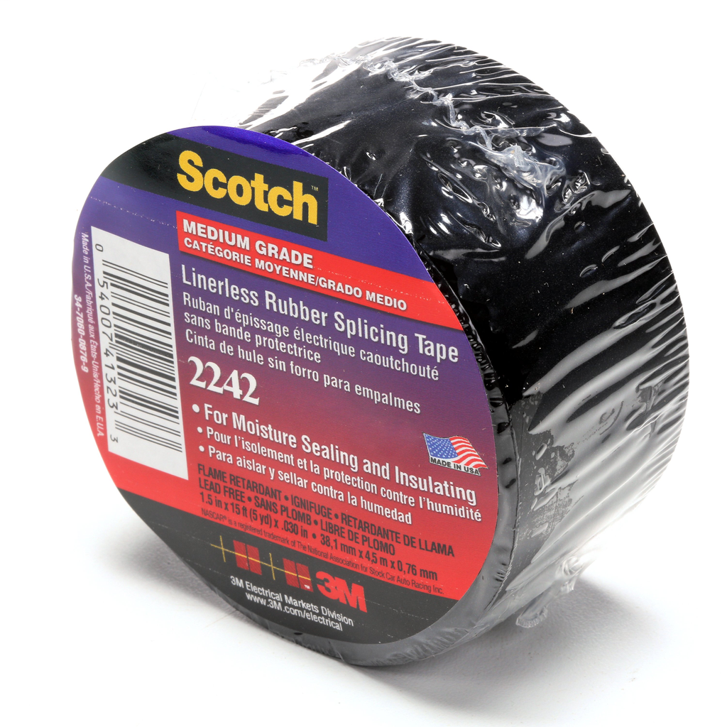 3M™ Linerless Electrical Rubber Tape 2242, 1-1/2 in x 15 ft, 1 in core,Black, 1 roll/carton, 12 rolls/case