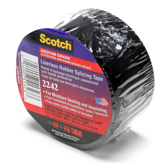 3M™ Linerless Electrical Rubber Tape 2242, 1-1/2 in x 15 ft, 1 in core,Black, 1 roll/carton, 12 rolls/case