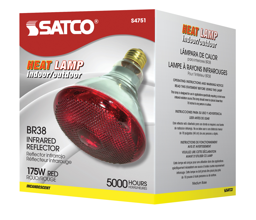 175 Watt BR38 Incandescent; Red Heat; 5000 Average rated hours; Medium base; 120 Volt