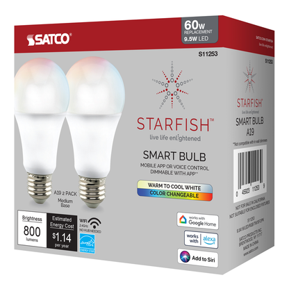9.5 Watt; A19 LED; RGB & Tunable White; Starfish IOT; 120 Volt; 800 Lumens; 2-pack
