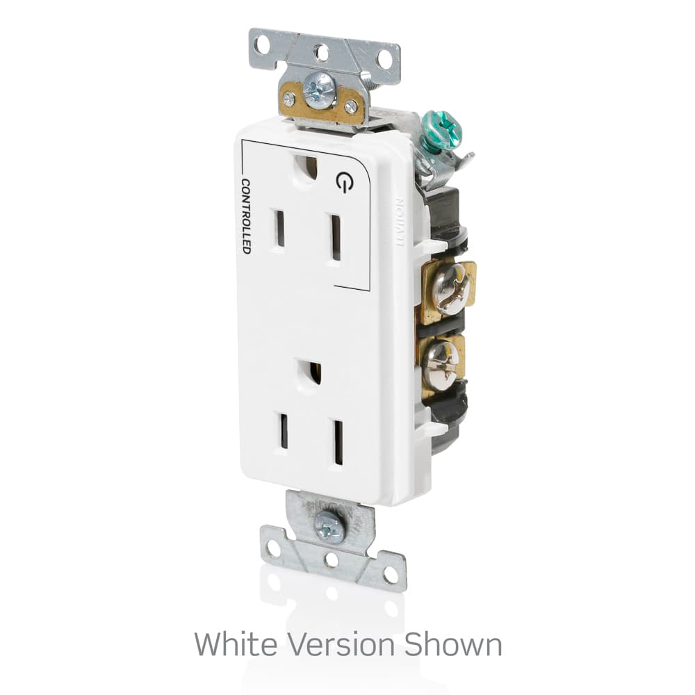 15 Amp Decora Plus Duplex Receptacle/Outlet, Industrial Grade, Self-Grounding, Marked Controlled