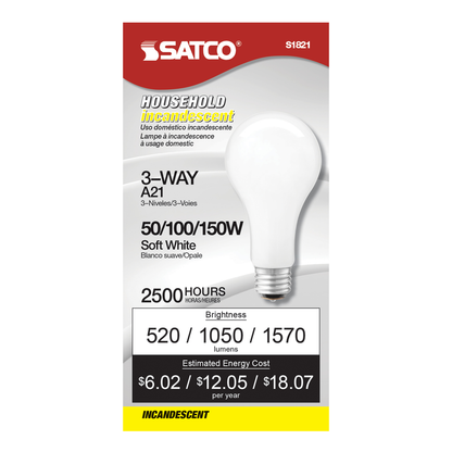 50/100/150 Watt A21 Incandescent; White; 2500 Average rated hours; Medium base; 120 Volt