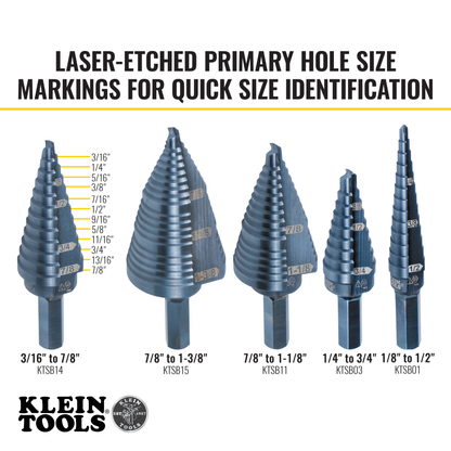 12-Step Drill Bit, 3/8-Inch Hex, Double Straight Flute, 3/16-Inch to 7/8-Inch