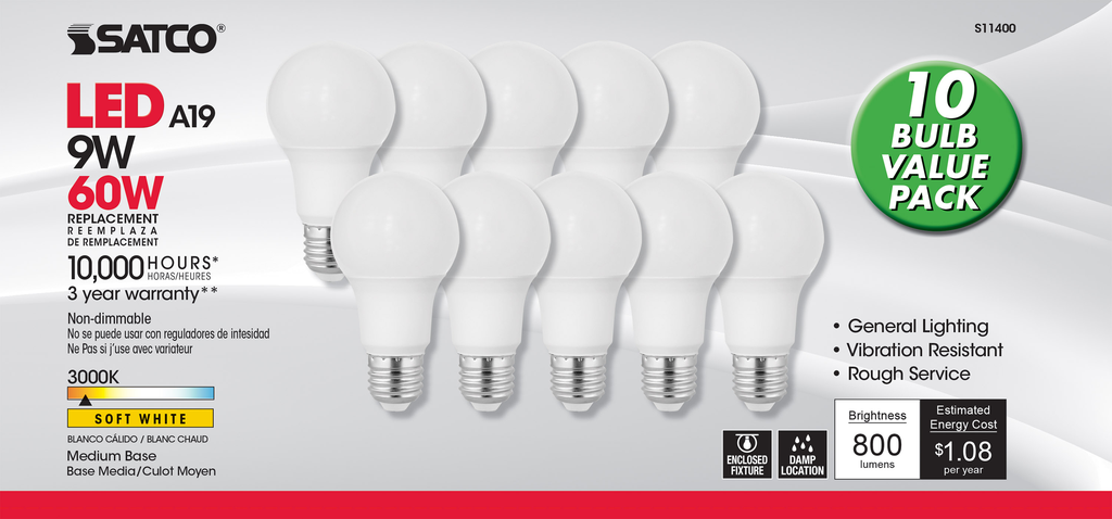 9 Watt A19 LED; 3000K; Medium base; 220 deg. Beam Angle; 10-Pack