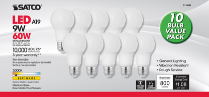 9 Watt A19 LED; 3000K; Medium base; 220 deg. Beam Angle; 10-Pack