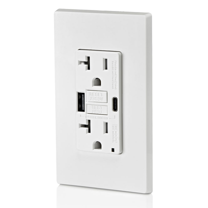 20A SmartlockPro® Self-Test GFCI Combination 24W(4.8A) Type A/C USB In-Wall Charger Outlet – White