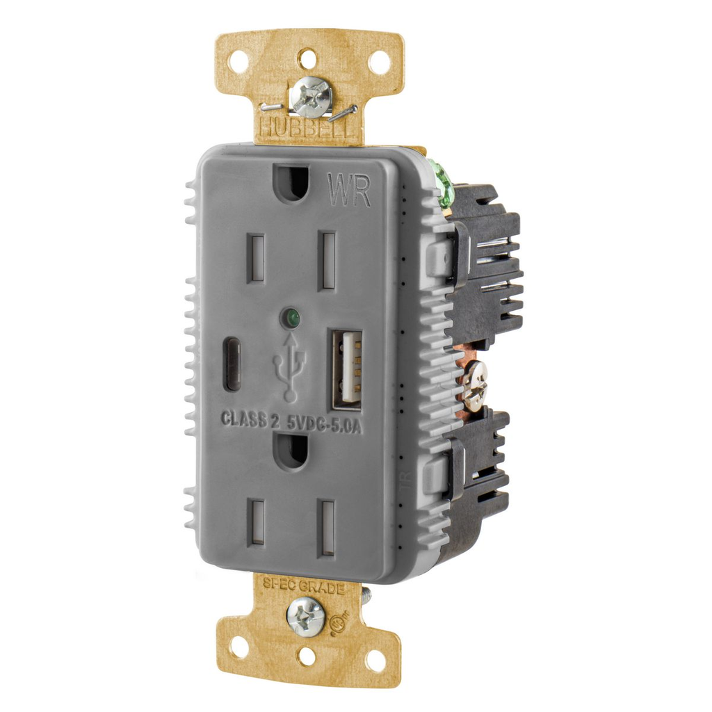 15A/125V Tamper Resistant/Weather Resistant Duplex Receptacle & Type A & C USB Ports, Gray