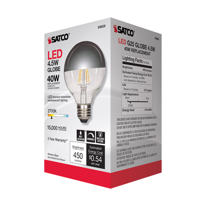 4.5 Watt G25 LED; Silver crown; Medium base; 2700K; 430 Lumens; 120 Volt