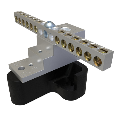 Aluminum Neutral Bar, Dual Rated, Main Conductor Range 350-6, Tap Range 4-14, 12 Tap Ports, 2 Holes, #10-32 Bolt, Tin Plated, UL, CSA, Includes R-16 Mounting Block