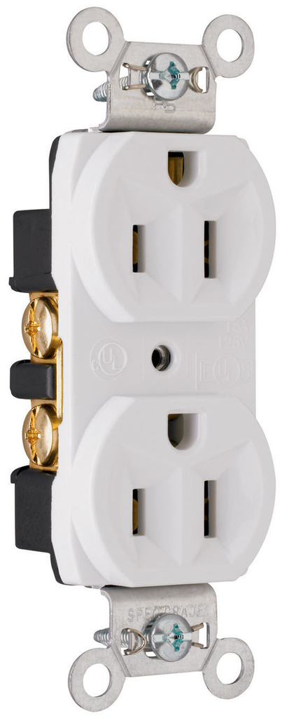 15A 125V Commercial Spec-Grade Duplex Receptacle, Back and Side Wire, White