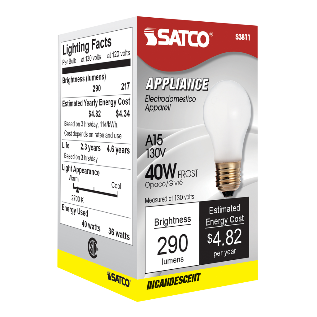 40 Watt A15 Incandescent; Frost; Appliance Lamp; 2500 Average rated hours; 290/217 Lumens; Medium base; 130/120 Volt